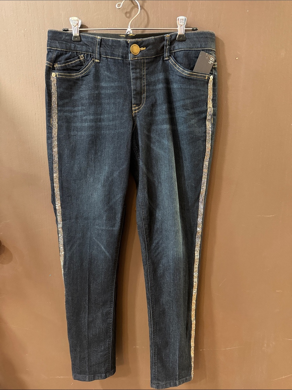 Dark Wash Skinny Jeans with Glitter Side Stripe